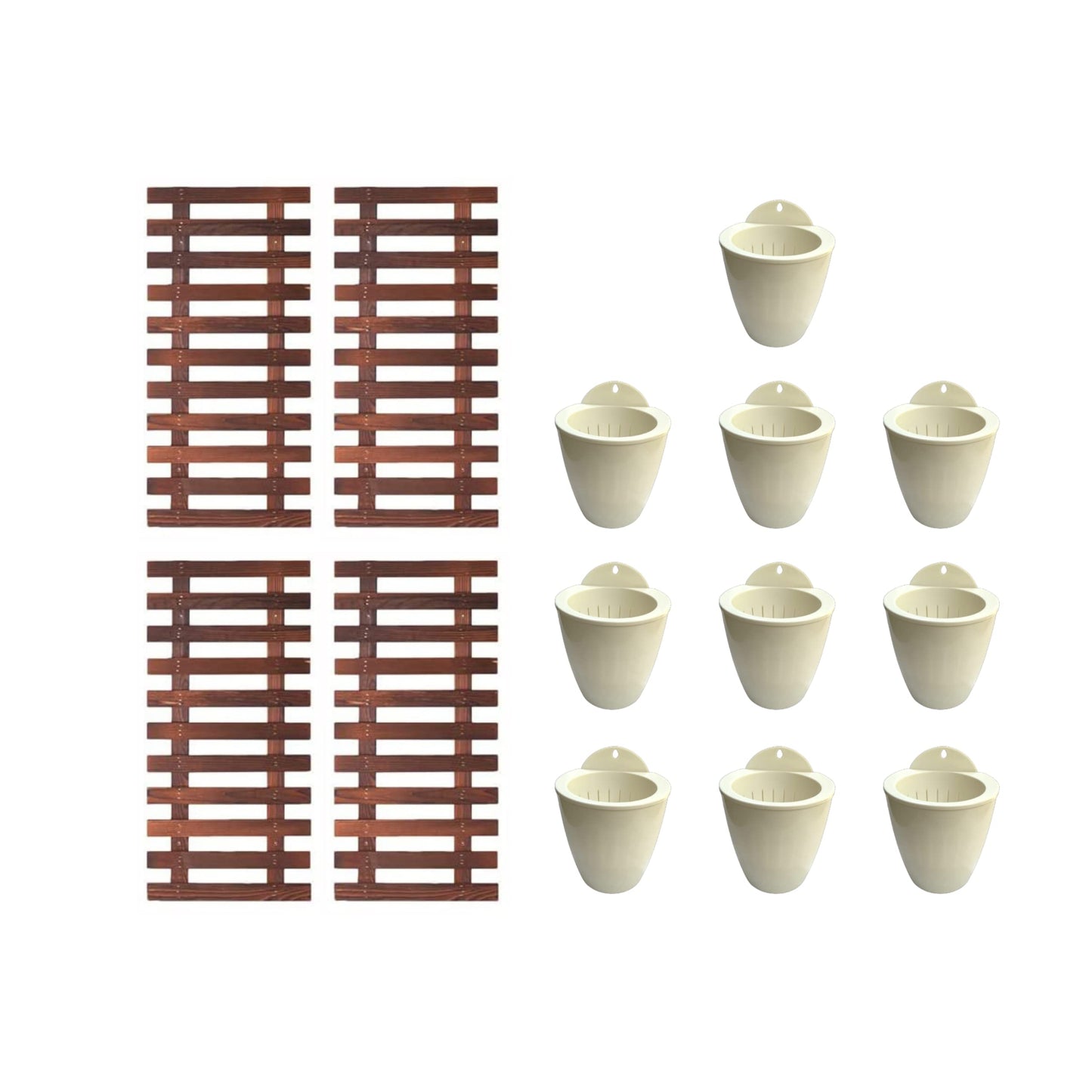 LalaGreen Bundle - 4 inch x 10 Pack Self Watering White Plastic Pot + 4 Pack Wooden Hanging Planters for Indoor Plants, Wall Mount Plant Stand Ladder, Outdoor Vertical Garden