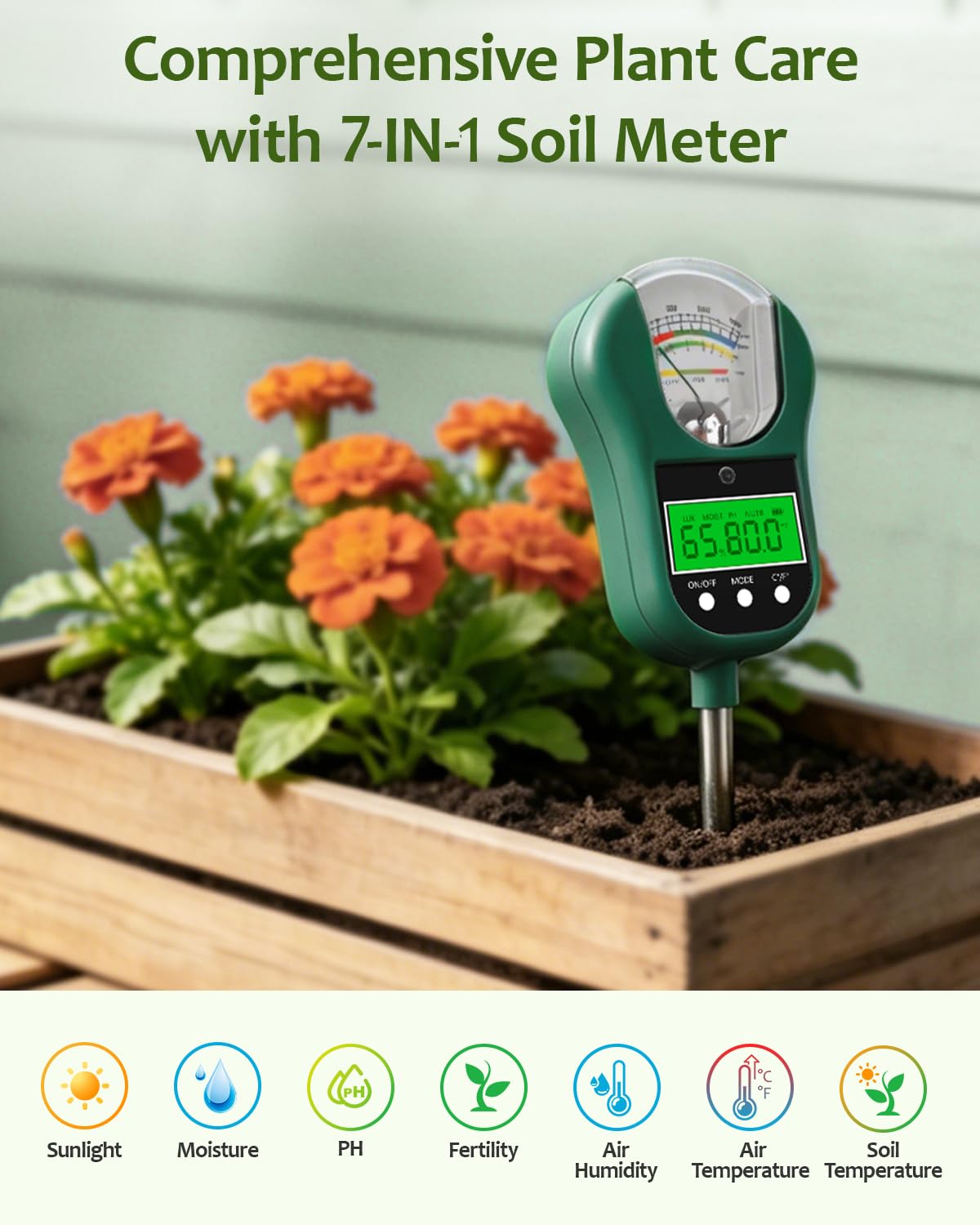 Jxikatx 7-in-1 Soil Test Kit, Soil Moisture Meter/pH Meter/Light Intensity/Fertility/Air & Soil Hygrometer Temperature with Large Dual Display for Garden,Lawn, Farm, Indoor Outdoor Plants-OliveGreen