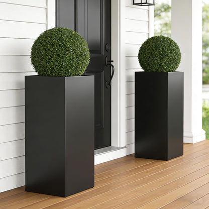 Set of 2 Tall Metal Planter Box for Outdoor Plants,14" L x 14" W x 30" H Heavy Duty Tall Outdoor Planter with Removable Insert Shelf for Porch, Patio, Backyard| Modern Décor|Built-in Drainage|(Black)