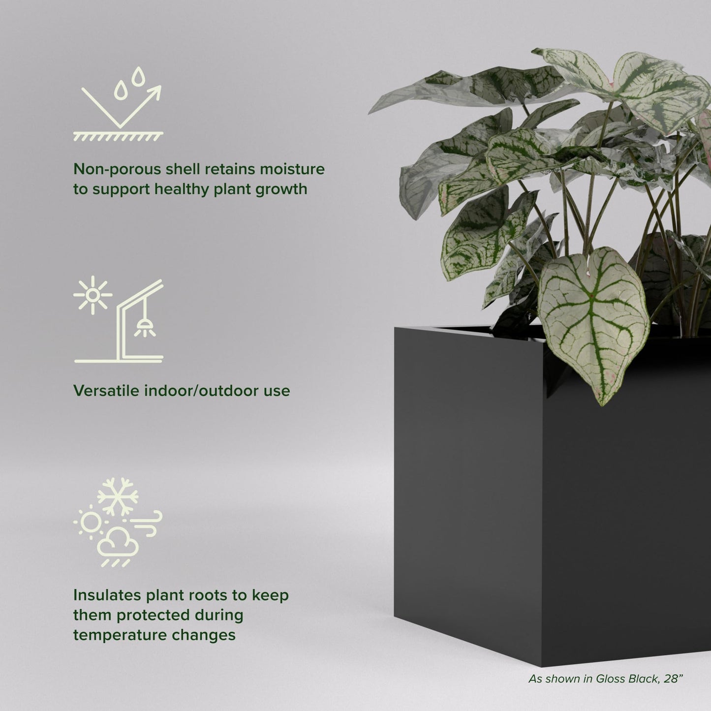 Greenline Jack Square Cube Planter - Indoor/Outdoor Large Fiberglass Lightweight Planter - 28" x 28" x 28" (Gloss White)