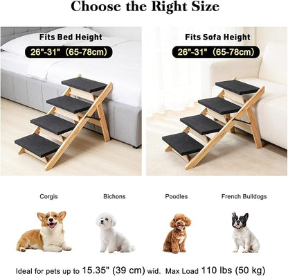 BRIKY 2-in-1 Dog Stairs/Ramp with 4 Steps, Foldable Dog Stairs for High Beds Cars Couch, Durable Wooden Pet Stairs for Small Medium Large Dogs, No Assembly Required
