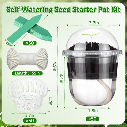 Ferrochef 50 Pcs 3.7 Inches Clear Hydroponic Pots Kit Includes Self Watering Nursery Cups with Humidity Domes, Grow Baskets & Absorbing Wicks Reusable Seed Pots for Indoor Plants Herbs Seedling