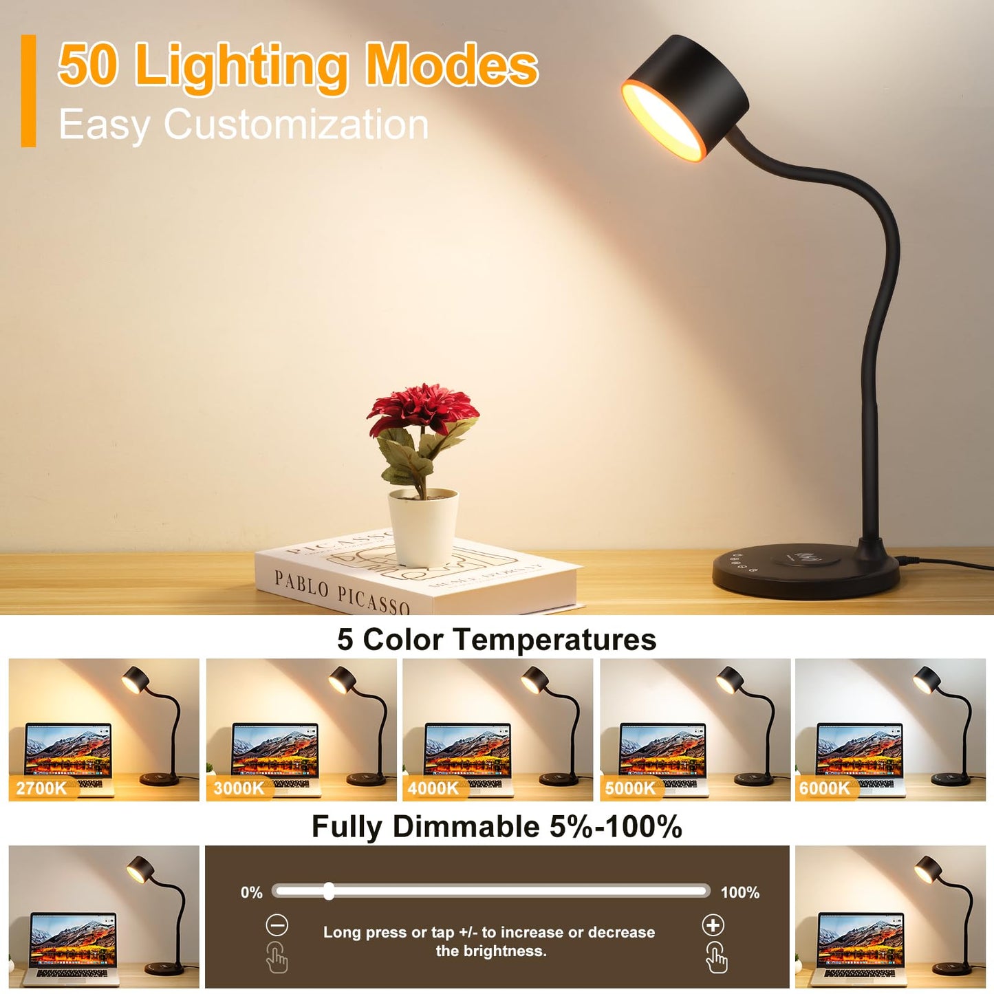 LED Desk Lamp with Wireless Charger, USB C + A Charging Ports, Eye-Caring Metal Bedside Lamp, 5 Colors Stepless Dimmable Reading Lamp, Touch Table Lamp Gooseneck Lamp for Home Office Dorm Black