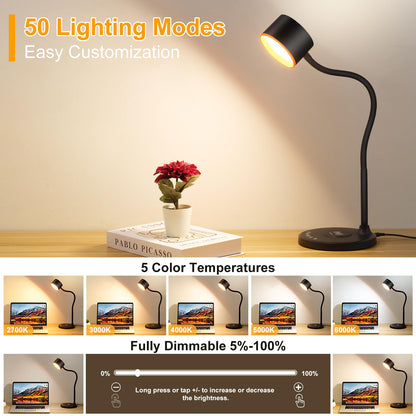 LED Desk Lamp with Wireless Charger, USB C + A Charging Ports, Eye-Caring Metal Bedside Lamp, 5 Colors Stepless Dimmable Reading Lamp, Touch Table Lamp Gooseneck Lamp for Home Office Dorm Black