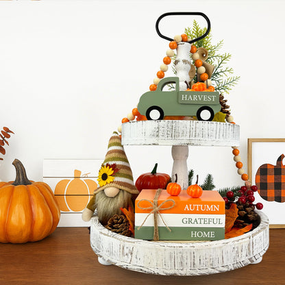 Thanksgiving Decorations for Home Indoor, Wooden Farmhouse Harvest Decor Signs with Book Stack, 3D Truck, 5 Pumpkins for Office Table Tiered Tray, Thanksgiving Centerpiece Gifts for Bedroom Desk