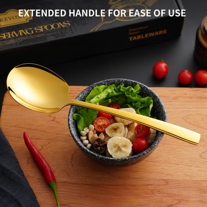 Keyoxy 8 Piece Stainless Steel Serving Spoons Set - 8 Large Spoons, 9.2-Inch, Dishwasher Safe, for Parties/Kitchen/Buffet/Catering,Gold