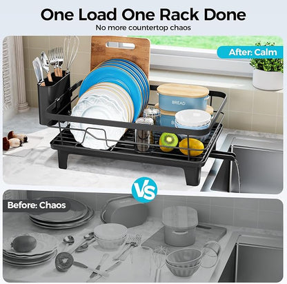 Urackify Dish Drying Rack for Kitchen Counter, Sink Dish Rack with Drainboard 12.2" W x 16.5" L, Large Dish Drainer with Cutlery Holder, Home Countertop Plate Dryer Storage Rack, Black