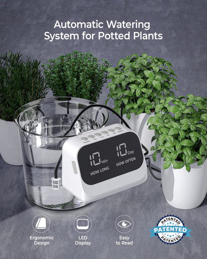 Automatic Watering System for Potted Plants, Plant Waterer, DIY Drip Irrigation Kit with Smart Timer, Waterproof LED Display & Large Capacity Battery, Precise Distribution of Water (White)