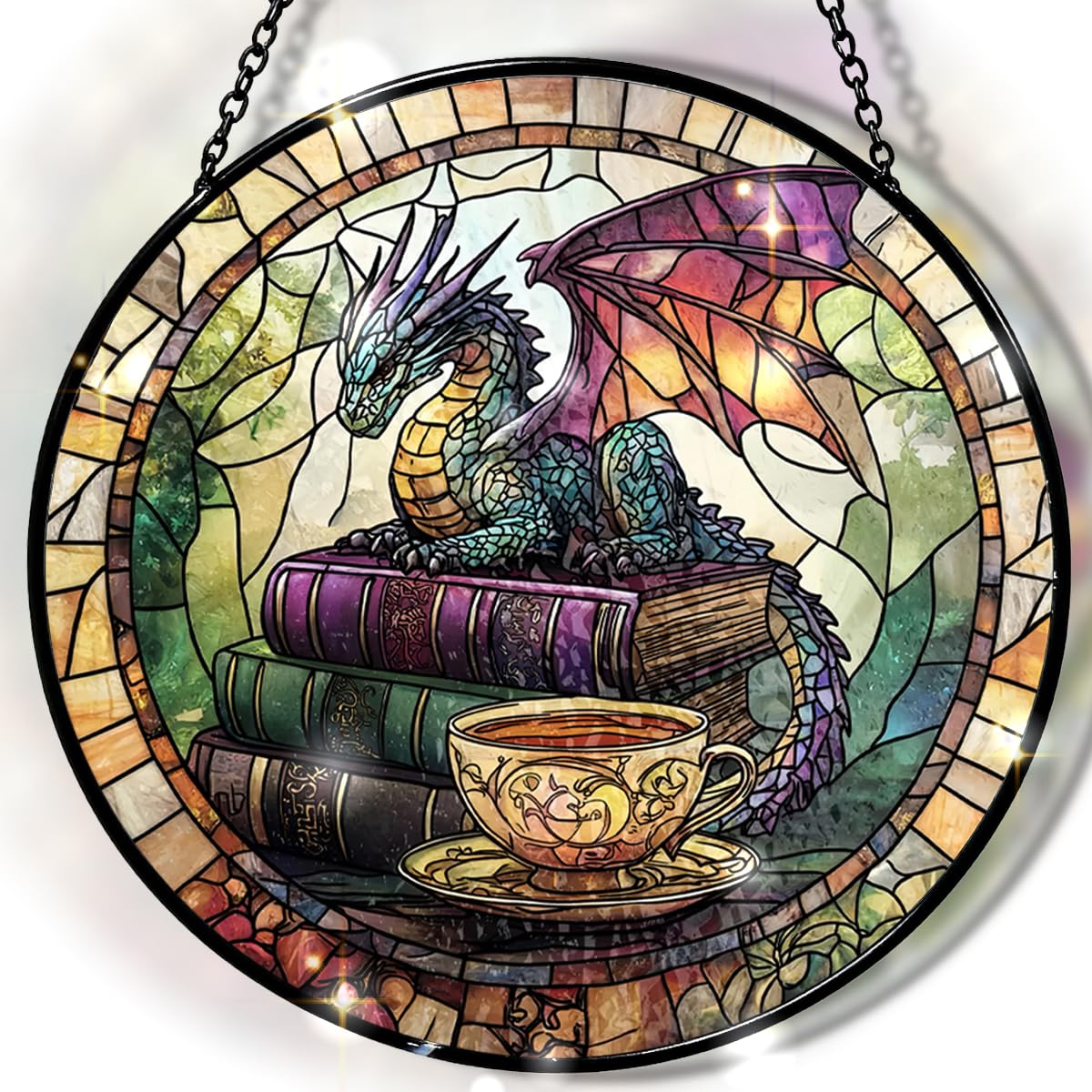 Dragon Decorative Stained Glass Sun Catcher - 7.87 Inch Bookshelf Decoration, Stained Glass Window Hanging Decoration, for Fantasy Lovers, Fantasy Gift for Friends, Family, Classmates