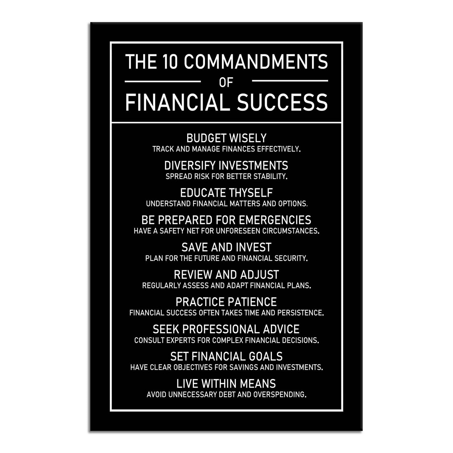 The 10 Commandments Of Financial Success Motivational Wall Art Inspirational Financial Management Quote Canvas Poster Painting Prints for Office Living Room Home Decor Framed Artwork [12''W x 18''H]