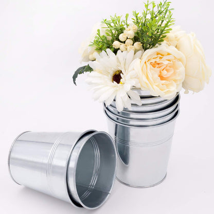 KINJOEK 8 Packs 4.72 x 4.72 x 3.54 Inch Galvanized Bucket Metal Planter, Silver Round Flower Metal Pots for Plants,Balconies,Centerpiece, Gardens, Patios, Office, Parties, Weddings