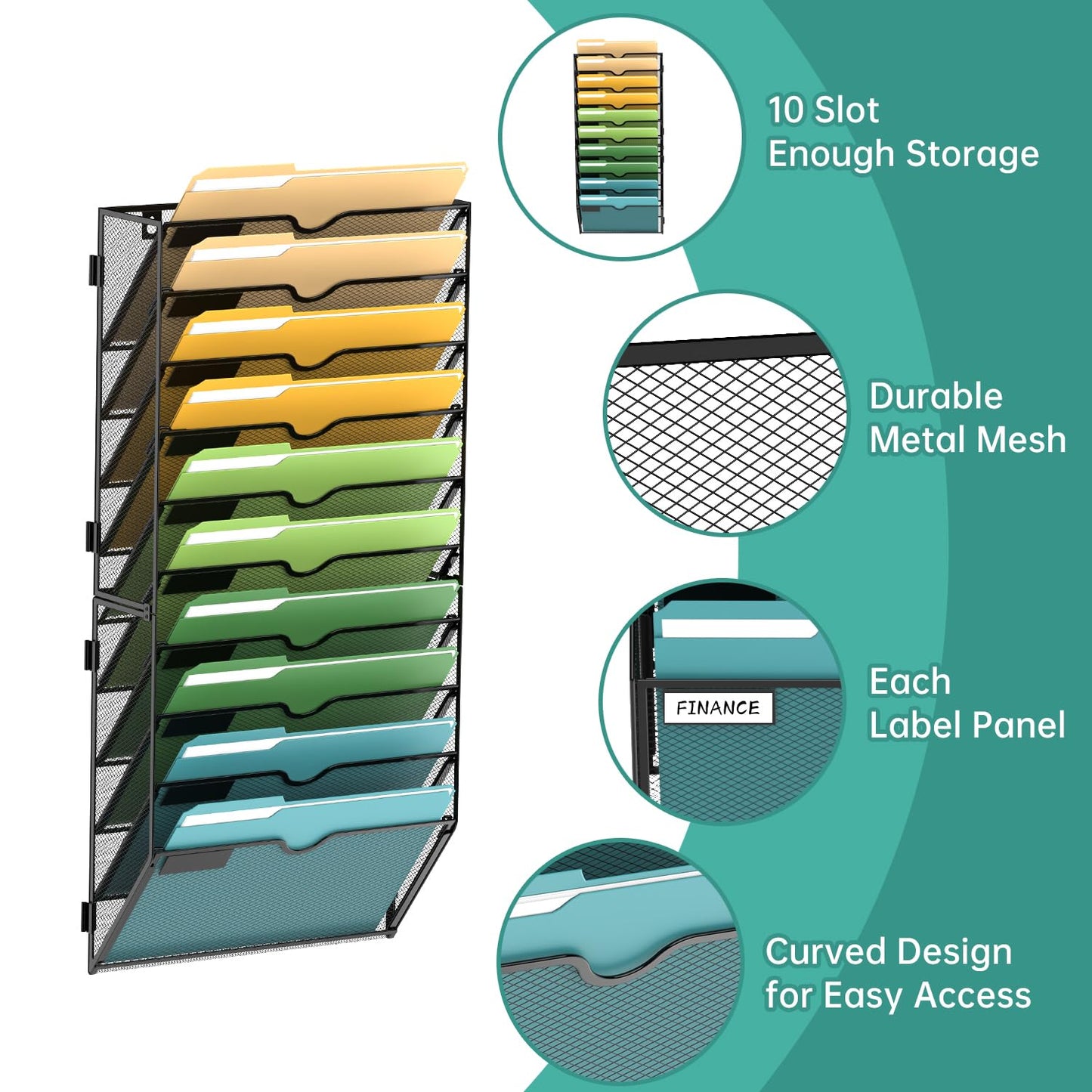 SUPEASY 10 Tier Wall File Organizer, Hanging Wall Mounted Mail Organizer with Label Slots, Metal Mesh File Holder Magazine Rack for Office, Home, School or Classroom, Black