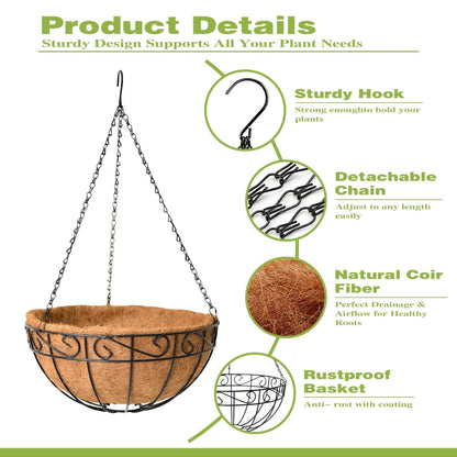 Qusuxi 4 Pack 14 Inch Hanging Baskets for Plants Outdoor Metal Hanging Planter Hanging Flower Baskets with Coco Fiber Liners Chain Round Wire Plant Holder Hangings Flower Pots(Plaid)