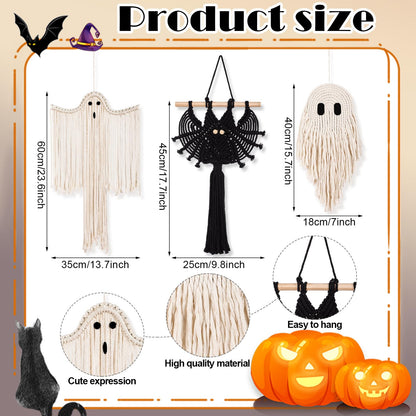 Remagr 3 Pcs Halloween Macrame Ghost Bat Wall Decor Handmade Ghost Wall Hanging Halloween Boho Decorations, Spooky Season Decor for Home Decorations
