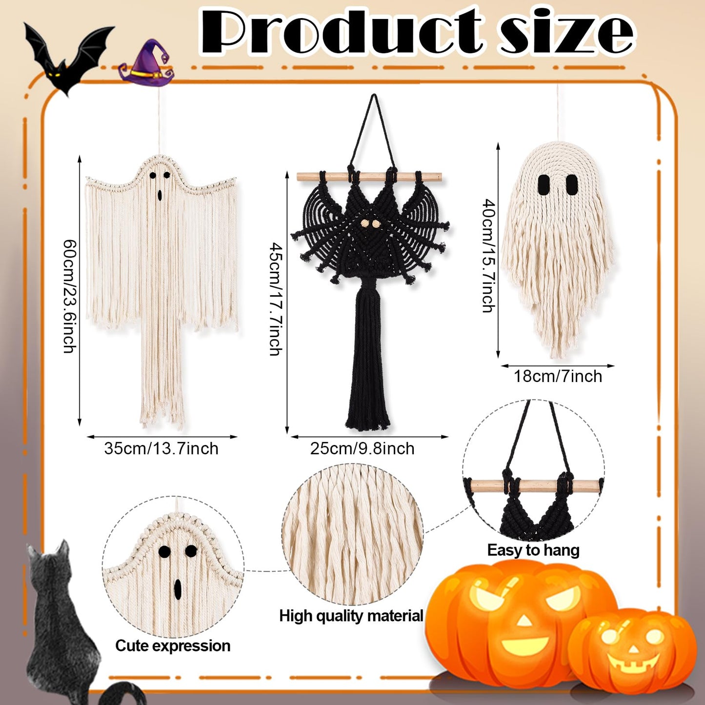 Remagr 3 Pcs Halloween Macrame Ghost Bat Wall Decor Handmade Ghost Wall Hanging Halloween Boho Decorations, Spooky Season Decor for Home Decorations