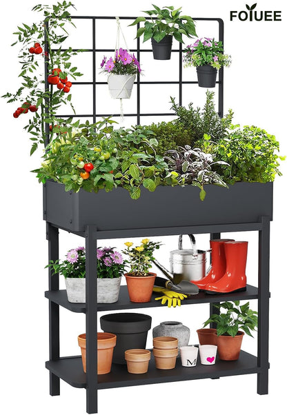 FOYUEE Metal Raised Garden Bed with Trellis & 2-Tier Storage Shelf, Elevated Planter Box with Legs -Includes 3 Flower Pots, Outdoor Vertical Garden for Vegetables Herbs Climbing Plants Patio Balcony
