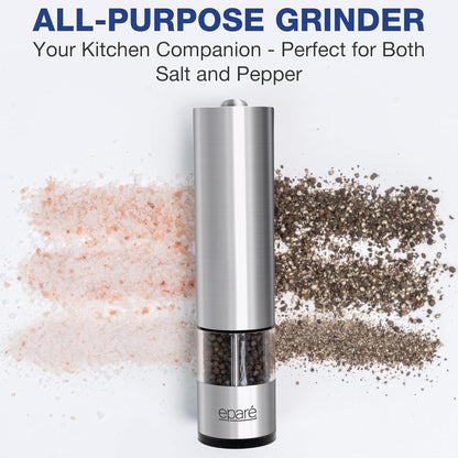Eparé Bundle: Electric Salt or Pepper Grinder & Steel Egg Cracker Topper Set - Battery Operated Ceramic Burr Peppermill Shaker & Complete Soft Boiled Egg Tool Set
