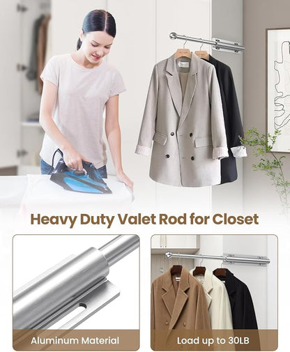 Supforce Valet Rod for Closet Pull Out, Retractable Slide Out Valet Rod Closet Organization, 12" Aluminum Valet Clothing Hanger Rods Perfect for Suits, Freshly Pressed Clothes, Polished Chrome