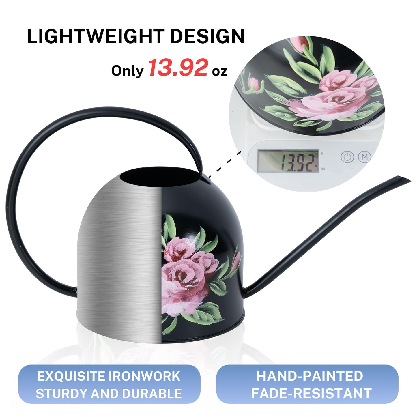 MOYEE Small Black Metal Long Spout Watering Can Outdoor Indoor Spray Bottle for Plants Hand Drawn Patterns,1/2 Gallon Plant Mister Durable Metal Structure Lawn Garden Watering Equipment