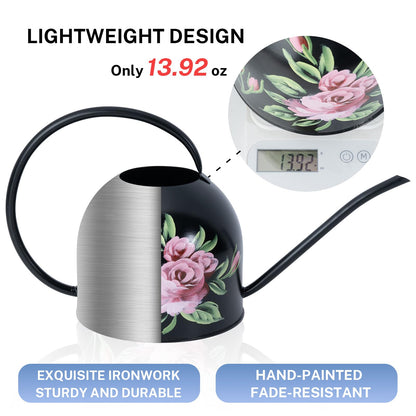 MOYEE Small Black Metal Long Spout Watering Can Outdoor Indoor Spray Bottle for Plants Hand Drawn Patterns,1/2 Gallon Plant Mister Durable Metal Structure Lawn Garden Watering Equipment