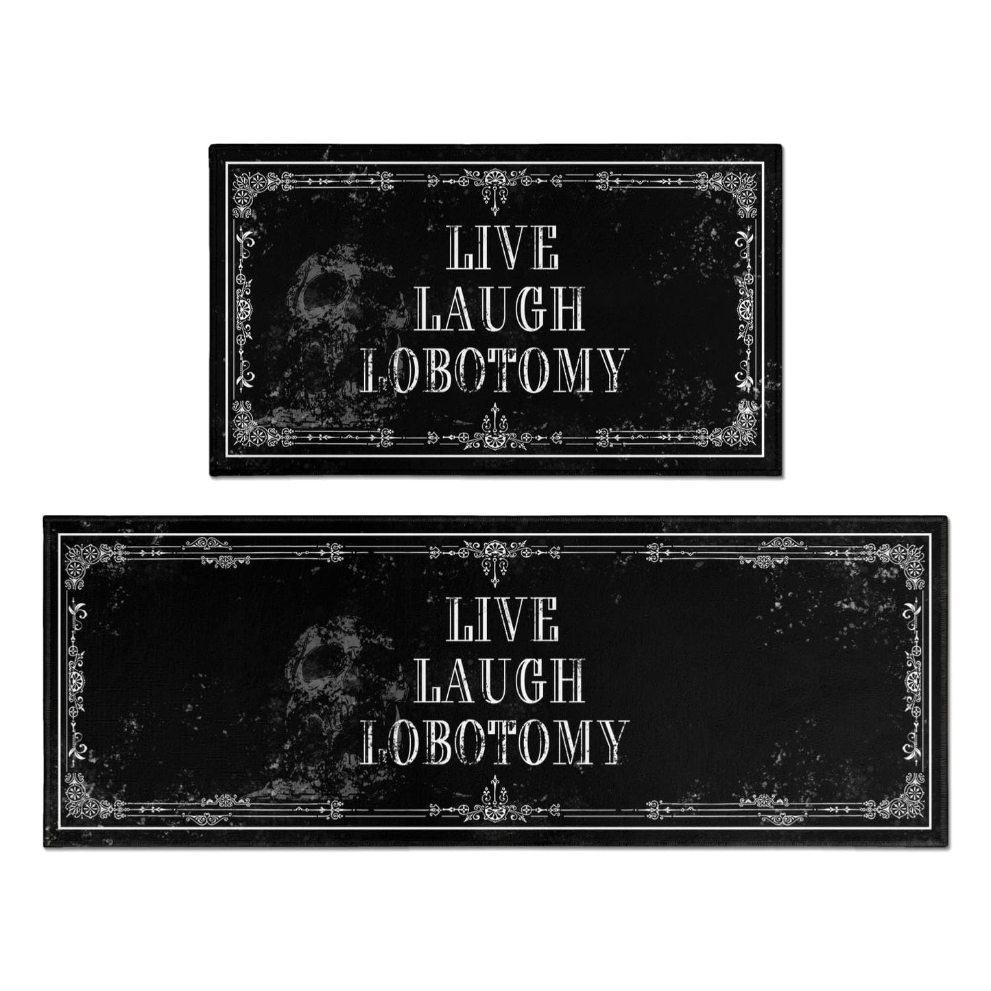 Fuoxowk Goth Kitchen Mat Set of 2 - Non Slip Halloween Spooky Kitchen Rugs Black Goth Rug Skull Witchy Rug for Home Kitchen - Live Laugh Lobotomy Sign - Halloween Gothic Kitchen Decor Accessories