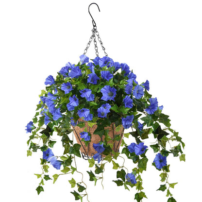 Homsunny Artificial Vine Silk Petunia Flowers, Fake Hanging Plant in Basket, Coconut Lining Pot Porch Decoration for Patio Lawn Garden Spring Summer Decor(Blue)
