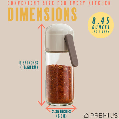 Glass Precision Spice Dispenser By PREMIUS, 8.45 Ounces, Durable Glass Bottle, Plastic Lid, Pour the Perfect Amount of Spices Every Time, Airtight Design with Sleek Glass, White