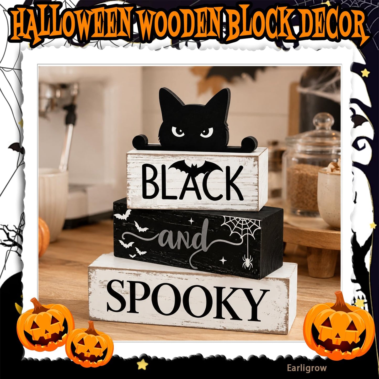 4 Pcs Halloween Table Decorations Black Cat Wooden Block Signs Black and Spooky Rustic Tiered Tray Decor Farmhouse Halloween Centerpiece with Bat & Spider Web for Home Kitchen Shelf Office Mantel Party Favors