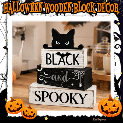 4 Pcs Halloween Table Decorations Black Cat Wooden Block Signs Black and Spooky Rustic Tiered Tray Decor Farmhouse Halloween Centerpiece with Bat & Spider Web for Home Kitchen Shelf Office Mantel Party Favors