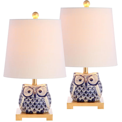 JONATHAN Y 16" Blue/White Ceramic Owl Mini Table Lamp for Bedroom or Office, Modern Farmhouse Nightstand Lamp with White Linen Shade, LED Bulb Included (JYL3014A-SET2)