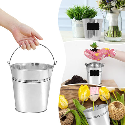 ZEDEV Set of 6 Pcs Galvanized Metal Buckets with Chalkboard Stickers and 5.5" Mini Plastic Kitchen Scoops,5 Inch Tin Buckets, Small Galvanized Pail for Backyard Decoration,Garden Planters.