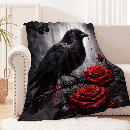 cromcu Raven Gothic Flannel Throw Blanket, 50x60in, Soft Warm Cozy Blankets with Black Raven and Red Rose, Gothic Gifts for Women Crow Lovers, Halloween Home Decor Dorm Office Travel Camping