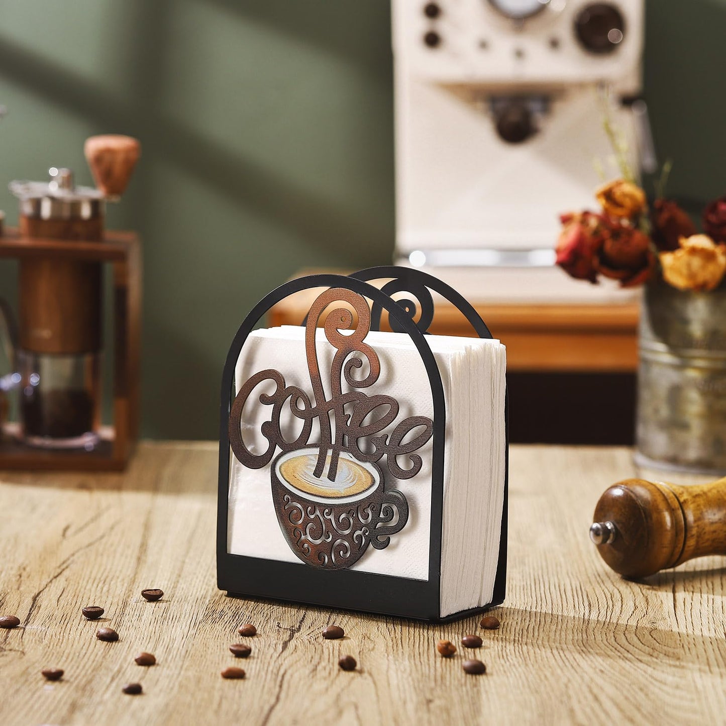 Cinnvoice Coffee Metal Napkin Holder Kitchen Decorative Paper Towel Stand Small Napkins Holder for Coffee Bar Tabletop Tissue Stand Countertop Decor Gifts for Rustic Farmhouse Housewarming