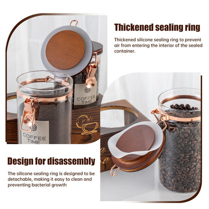 ARTIFORM Glass Coffee Canister Set with Torched Wood Shelf, 2 Pack 45oz Airtight Storage Jars with Lids & Spoons, Large Kitchen Canisters for Coffee Beans, Sugar, Tea & Nuts