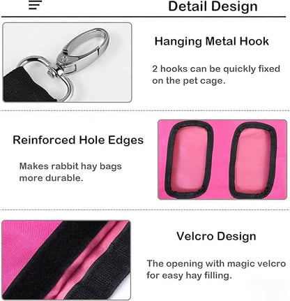 Rabbit Hay Feeder Bag, Large Capacity Rabbit Hay Bag Small Animal Hanging Hay Bag 600D Oxford Cloth Bunny Hay Feeder Bag for Rabbits Guinea Pigs Chinchillas (Rosered-4 Holes-1Pcs)