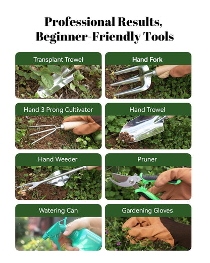 VerdantVibes 9-Piece Garden Tool Set - Heavy Duty Gardening Hand Tools with Ergonomic Non-Slip Grips, Rust-Resistant Shovel, Trowel, Rake, Pruner & Storage Bag - Ideal Gardening Gifts for Women