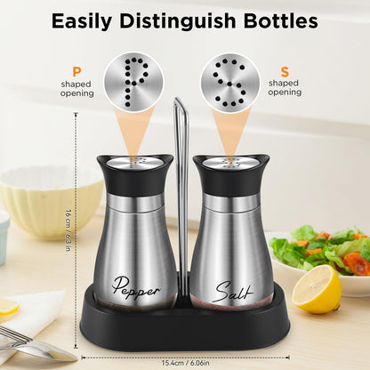 Salt and Pepper Shakers Set, 4 oz Stainless Steel Salt Shaker, Farmhouse Salt Pepper Shaker Containers with Glass Bottom for Kitchen Gadgets Cooking Table, BBQ, Bar, RV, Camp (Silver)