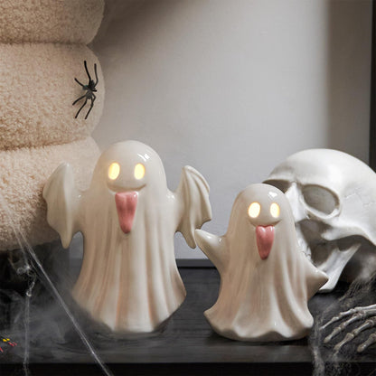 WDS WONDROUS Light Up Halloween Ghost Decorations Set of 2, Cute Ghost Figurines with Witch Hat Halloween Decor, Ceramic Ghosts Light for Indoor Fall Table Decor, Home Tiered Tray Fireplace