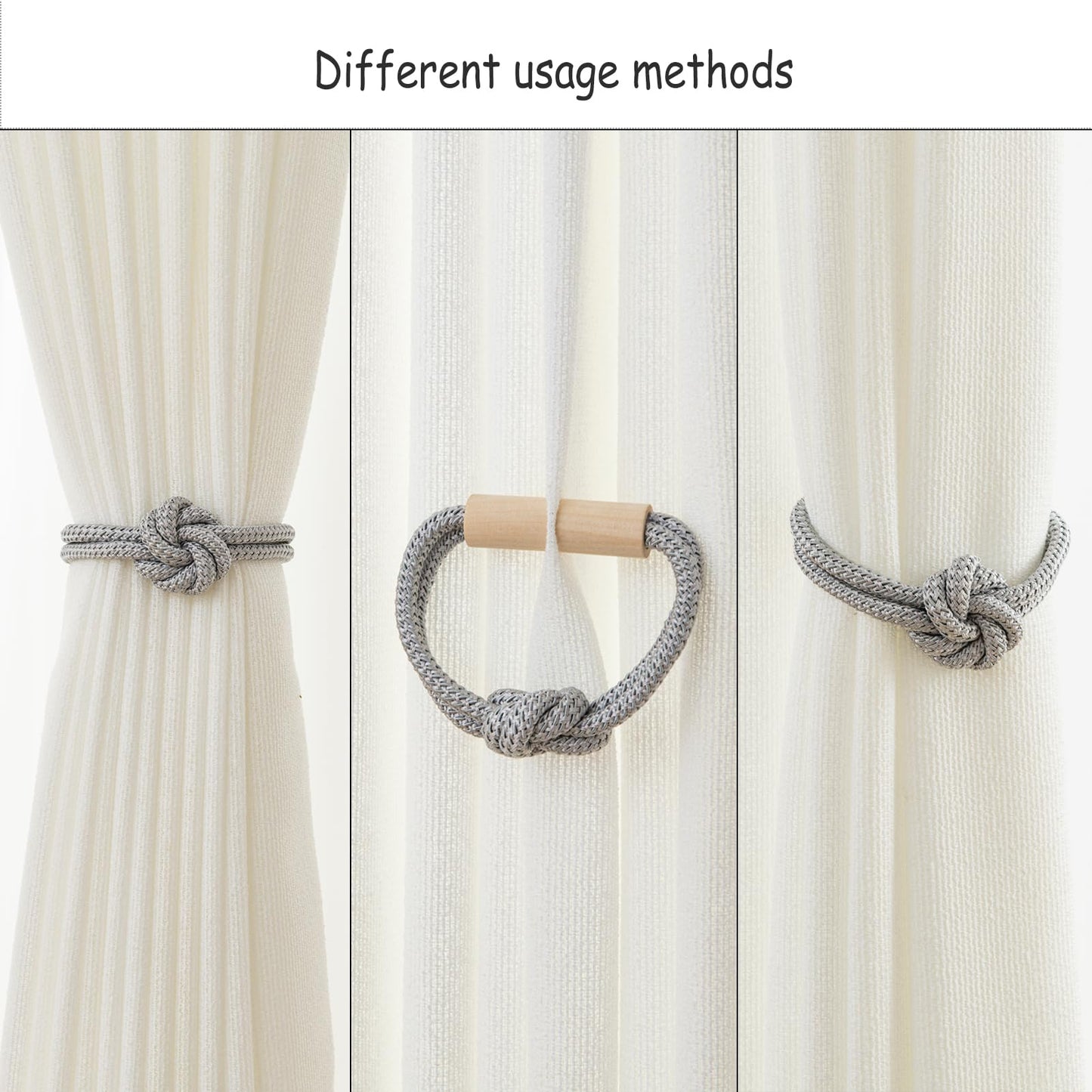 Contoeey Magnetic Curtain Tiebacks Holdbacks - Wood Tie Backs Rope Holder with Floral Knot Design for No Drill Easy Install, Modern Boho Home Decor (4Pack, Beige+Black)