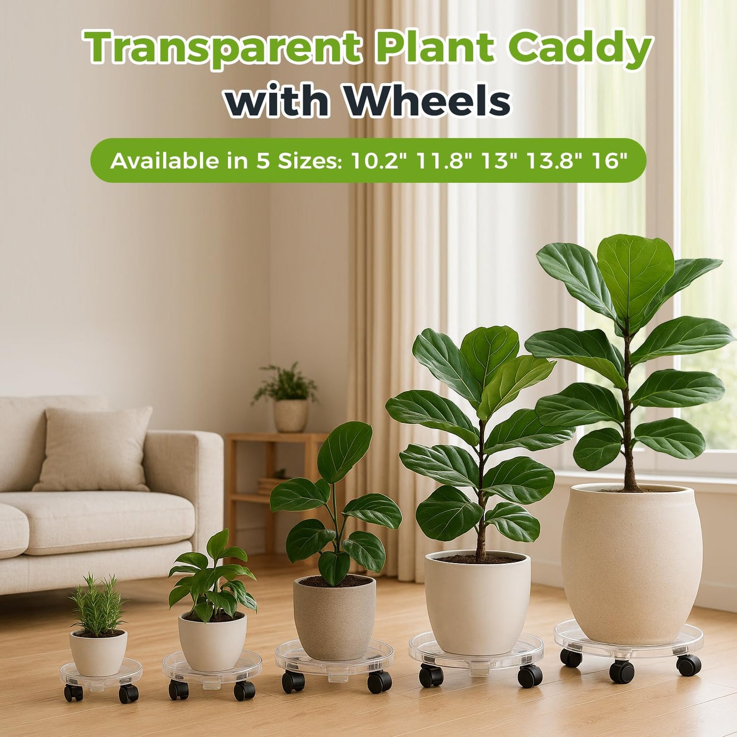 KvyusFlourish 4 Packs 16 Inches Extra-large Clear Plant Caddy Plant Saucers on Wheels Rolling Plant Stands Heavy-duty Plant Dolly Plastic Planter Roller Base Pot Movers Outdoor Plant Tray Coaster