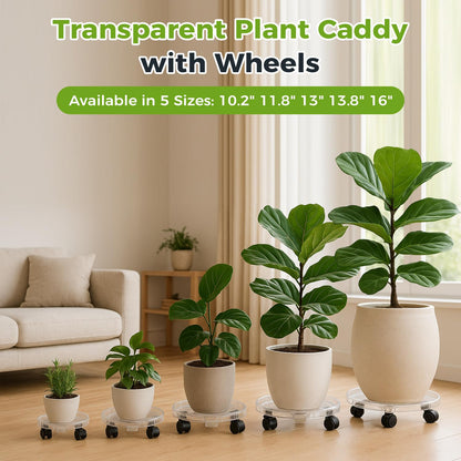 KvyusFlourish 4 Packs 11.8 Inches Large Clear Plant Caddy Plant Saucers on Wheels Rolling Plant Stands Heavy-duty Plant Dolly Plastic Planter Roller Base Pot Movers Outdoor Plant Tray Coaster