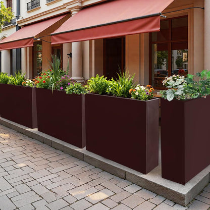 Megawodar Metal Tall Long Planter Box Large Rectangular Planter Flower Pot with Drainage Holes for Indoor Outdoor Deck Porch Garden Home Patio Front Door (Espresso, 36" L x 10" W x 28" H)