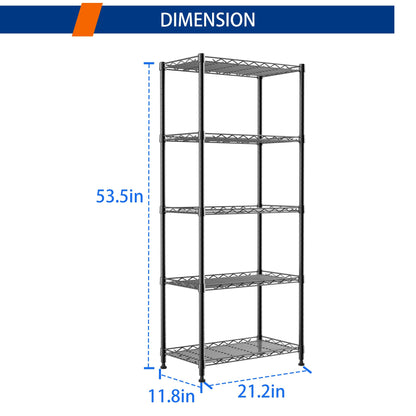 REGILLER 5-Wire Shelving Metal Storage Rack Adjustable Shelves,Standing Storage Shelf Units for Laundry Bathroom Kitchen Pantry Closet(Black,11.8" D x 16.6" W x 53.5" H)