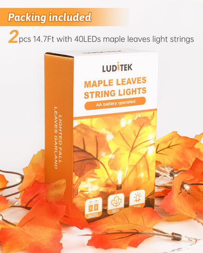 2Pack [8 Lighting Modes & Timer] Fall Decor Maple Leaf Garland with Lights 80LED Battery Operated Waterproof, Fall Decorations for Home Outdoor Indoor Thanksgiving Decor Halloween Friendsgiving Autumn