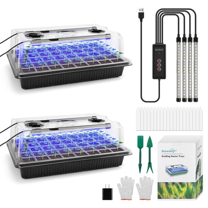 BlumWay Seed Starter Tray with Grow Light,2 Pack 80 Cells Seedling Tray Kit with Humidity Dome/Indoor Plant Starter Kit, Adjustable Brightness Plant Germination Trays-Black