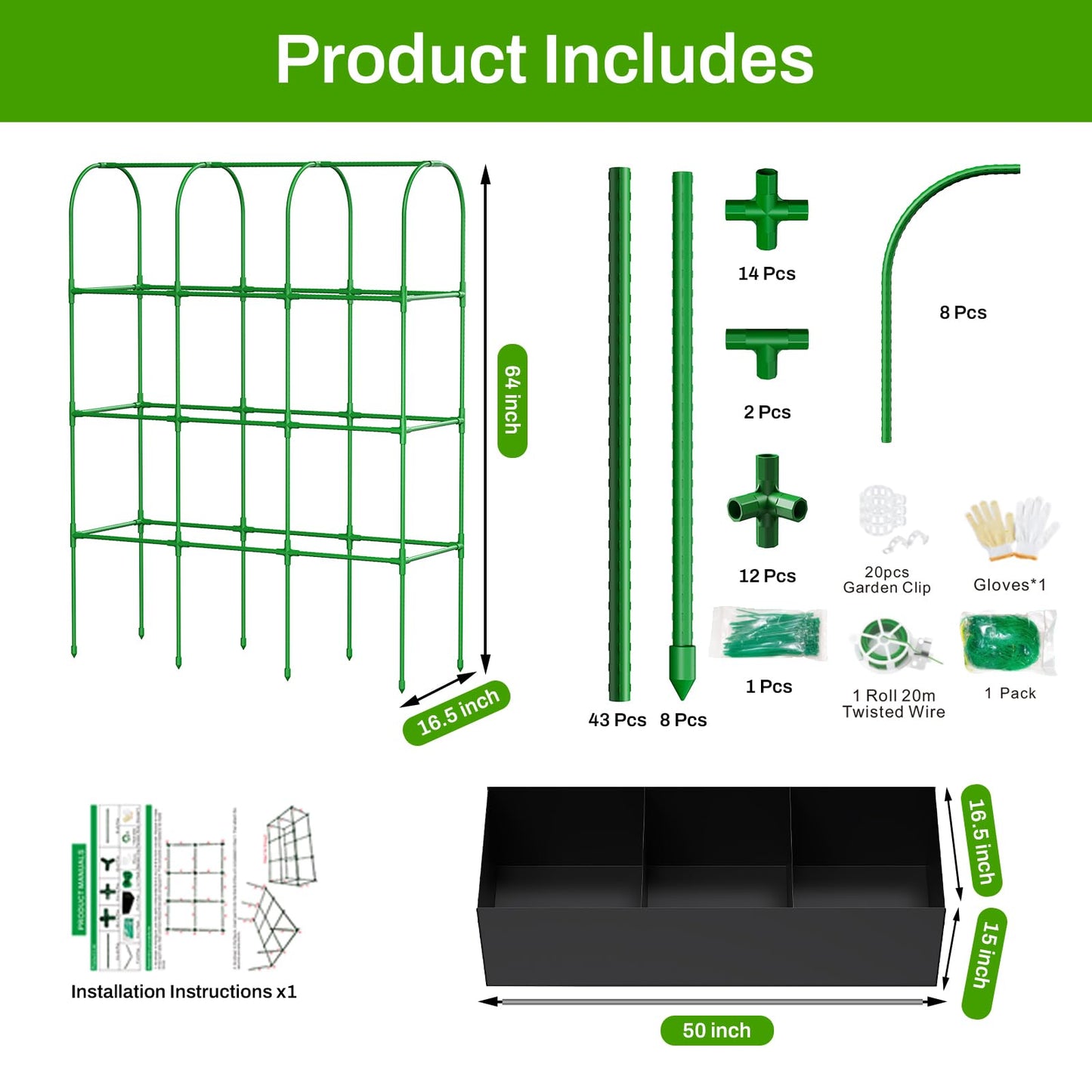 U-Shape Cucumber Trellis with Grow Bag, 64" Tall Metal Garden Trellis for Climbing Plants Outdoor, Reusable Cucumber Trellis for Raised Bed with Garden Netting for Tomatoes, Peas, Plant Vines Support