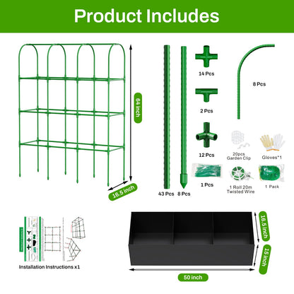 U-Shape Cucumber Trellis with Grow Bag, 64" Tall Metal Garden Trellis for Climbing Plants Outdoor, Reusable Cucumber Trellis for Raised Bed with Garden Netting for Tomatoes, Peas, Plant Vines Support