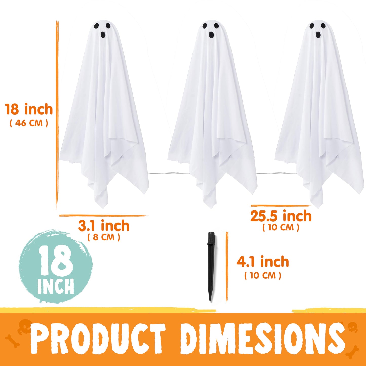 JOYIN 3 Pcs Halloween Decorations Outdoor Ghosts Pathway Lights, 18” White Cloth Ghost with White Light Up Yard Stakes for Graveyard Yard Lawn Garden Prop, Party Decor Supplies