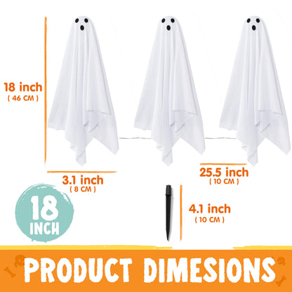 JOYIN 3 Pcs Halloween Decorations Outdoor Ghosts Pathway Lights, 18” White Cloth Ghost with White Light Up Yard Stakes for Graveyard Yard Lawn Garden Prop, Party Decor Supplies