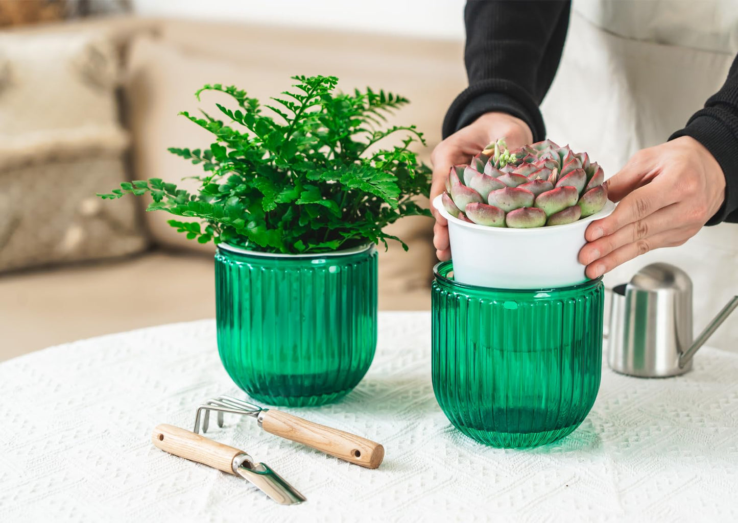 Melphoe 2 Pack Self Watering Hanging Planters Indoor Flower Pots, 5.3 Inch Outdoor Hanging Basket, Plant Hanger with 3Hooks Drainage Holes for Garden Home (Emerald)